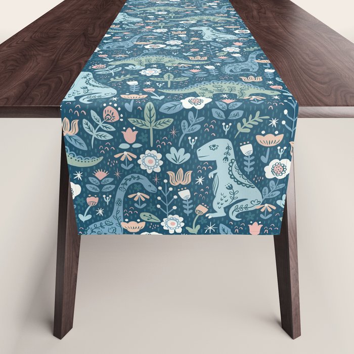 Folk Dinosaurs in Blue Table Runner Gallery Image 1