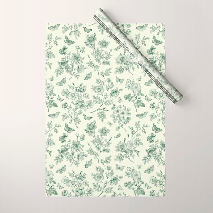 Toile de Jouy Wild Roses & Butterflies Forest Green Floral Wrapping Paper Gallery Image 1