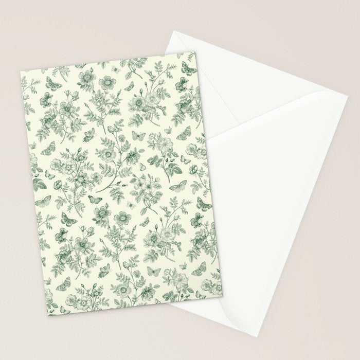 Toile de Jouy Wild Roses & Butterflies Forest Green Floral Stationery Card Gallery Image 2
