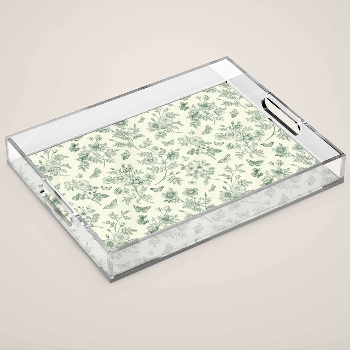 Toile de Jouy Wild Roses & Butterflies Forest Green Floral Acrylic Tray Gallery Image 1