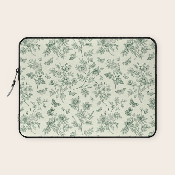 Toile de Jouy Wild Roses & Butterflies Forest Green Floral Laptop Sleeve Gallery Image 1