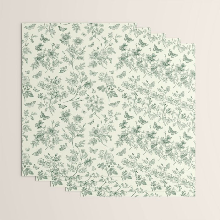Toile de Jouy Wild Roses & Butterflies Forest Green Floral Wrapping Paper Gallery Image 3