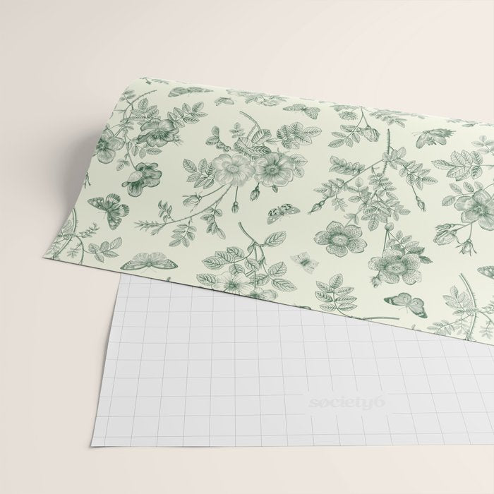 Toile de Jouy Wild Roses & Butterflies Forest Green Floral Wrapping Paper Gallery Image 2