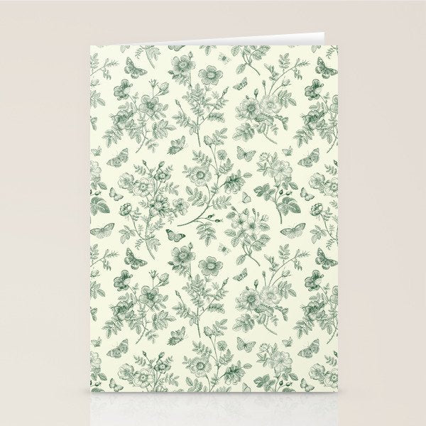 Toile de Jouy Wild Roses & Butterflies Forest Green Floral Stationery Card Gallery Image 2