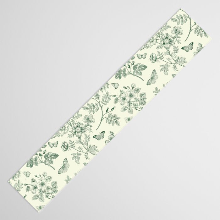 Toile de Jouy Wild Roses & Butterflies Forest Green Floral Table Runner Gallery Image 3