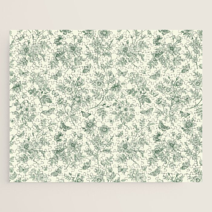 Toile de Jouy Wild Roses & Butterflies Forest Green Floral Jigsaw Puzzle Gallery Image 1