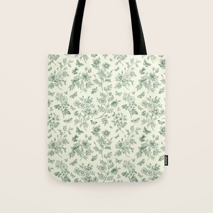 Toile de Jouy Wild Roses & Butterflies Forest Green Floral Tote Bag Gallery Image 1