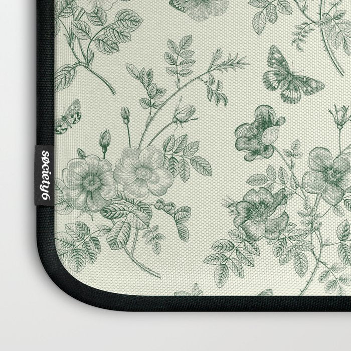 Toile de Jouy Wild Roses & Butterflies Forest Green Floral Laptop Sleeve Gallery Image 3