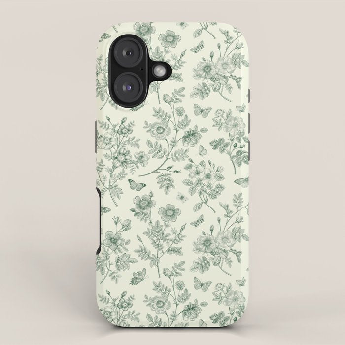 Toile de Jouy Wild Roses & Butterflies Forest Green Floral iPhone Case Gallery Image 1