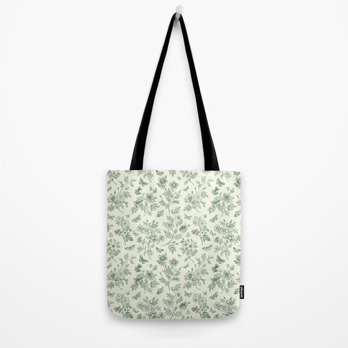 Toile de Jouy Wild Roses & Butterflies Forest Green Floral Tote Bag Gallery Image 2