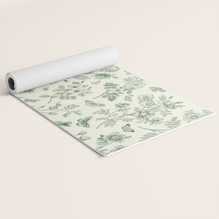 Toile de Jouy Wild Roses & Butterflies Forest Green Floral Yoga Mat Gallery Image 2