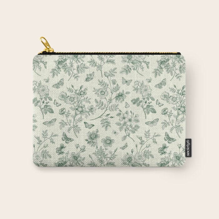 Toile de Jouy Wild Roses & Butterflies Forest Green Floral Carry All Pouch Gallery Image 1