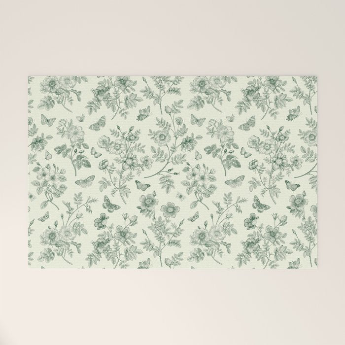 Toile de Jouy Wild Roses & Butterflies Forest Green Floral Welcome Mat Gallery Image 1