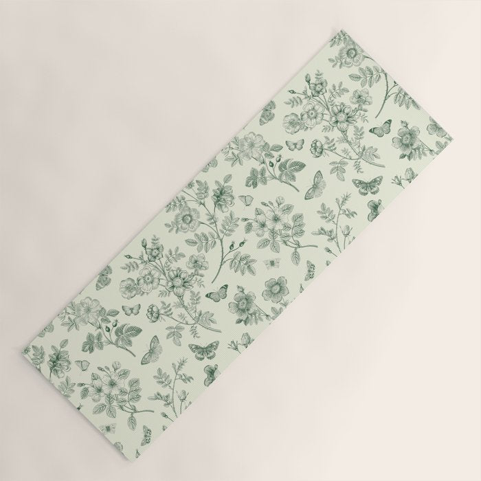 Toile de Jouy Wild Roses & Butterflies Forest Green Floral Yoga Mat Gallery Image 1