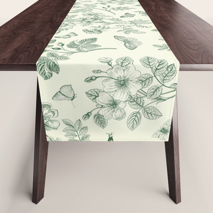 Toile de Jouy Wild Roses & Butterflies Forest Green Floral Table Runner Gallery Image 1