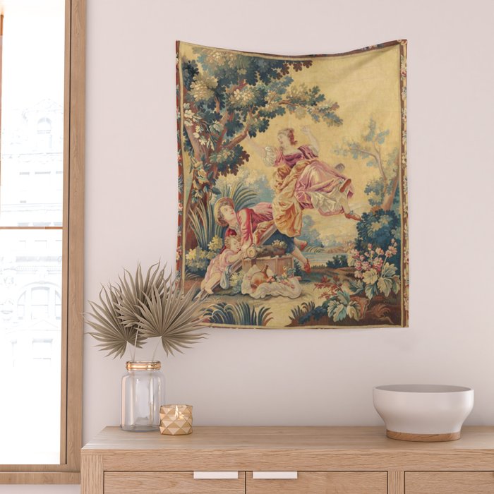 Antique 19th Century Girl On The Swing French Aubusson Tapestry Wall Tapestry Gallery Image 2