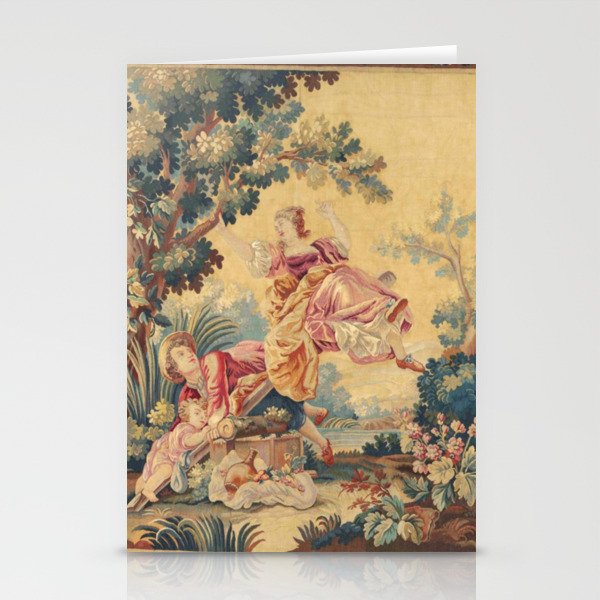 Antique 19th Century Girl On The Swing French Aubusson Tapestry Stationery Card Gallery Image 1