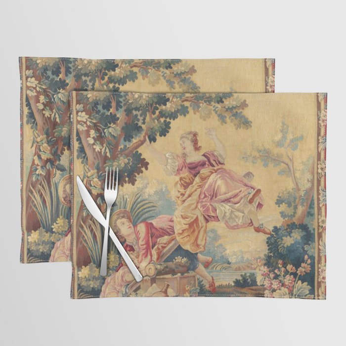 Antique 19th Century Girl On The Swing French Aubusson Tapestry Placemat Gallery Image 1