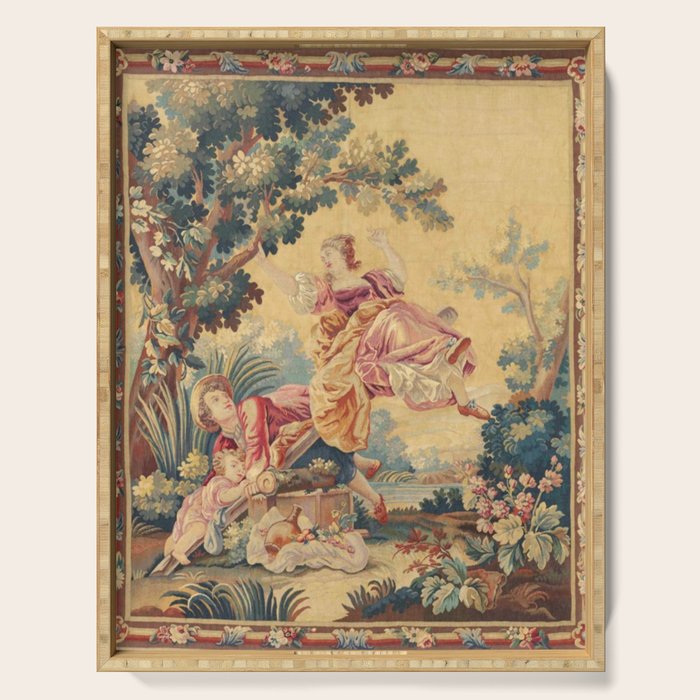 Antique 19th Century Girl On The Swing French Aubusson Tapestry Serving Tray Gallery Image 1