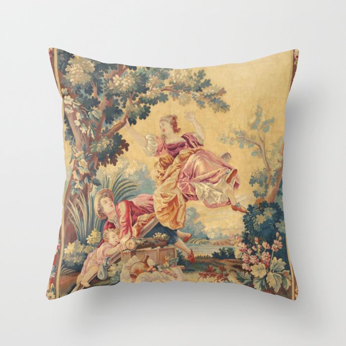 Antique 19th Century Girl On The Swing French Aubusson Tapestry Throw Pillow Gallery Image 6