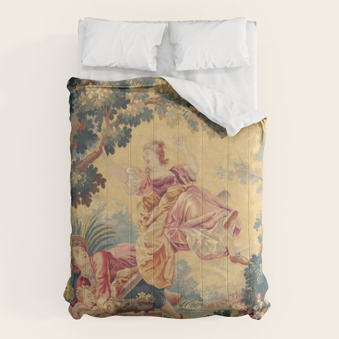 Antique 19th Century Girl On The Swing French Aubusson Tapestry Comforter Gallery Image 1