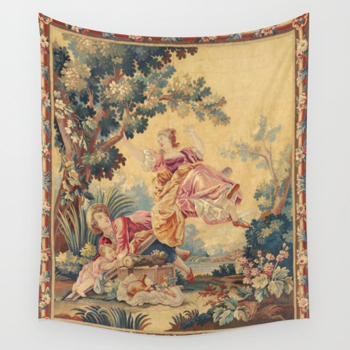 Antique 19th Century Girl On The Swing French Aubusson Tapestry Wall Tapestry Gallery Image 1