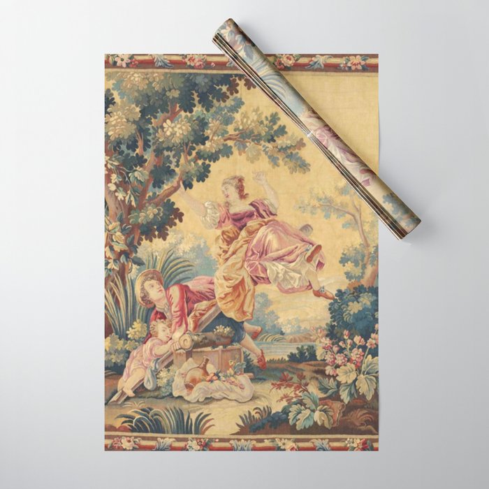 Antique 19th Century Girl On The Swing French Aubusson Tapestry Wrapping Paper Gallery Image 1
