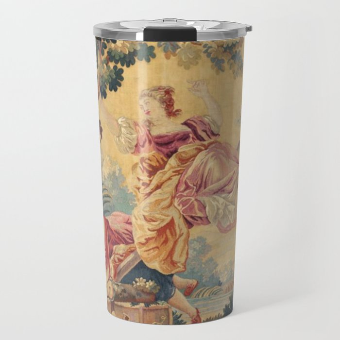 Antique 19th Century Girl On The Swing French Aubusson Tapestry Travel Mug Gallery Image 1
