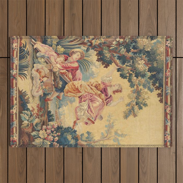 Antique 19th Century Girl On The Swing French Aubusson Tapestry Outdoor Rug Gallery Image 1