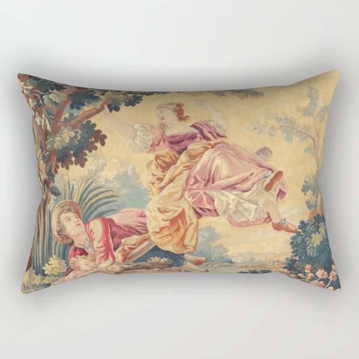Antique 19th Century Girl On The Swing French Aubusson Tapestry Rectangular Pillow Gallery Image 1