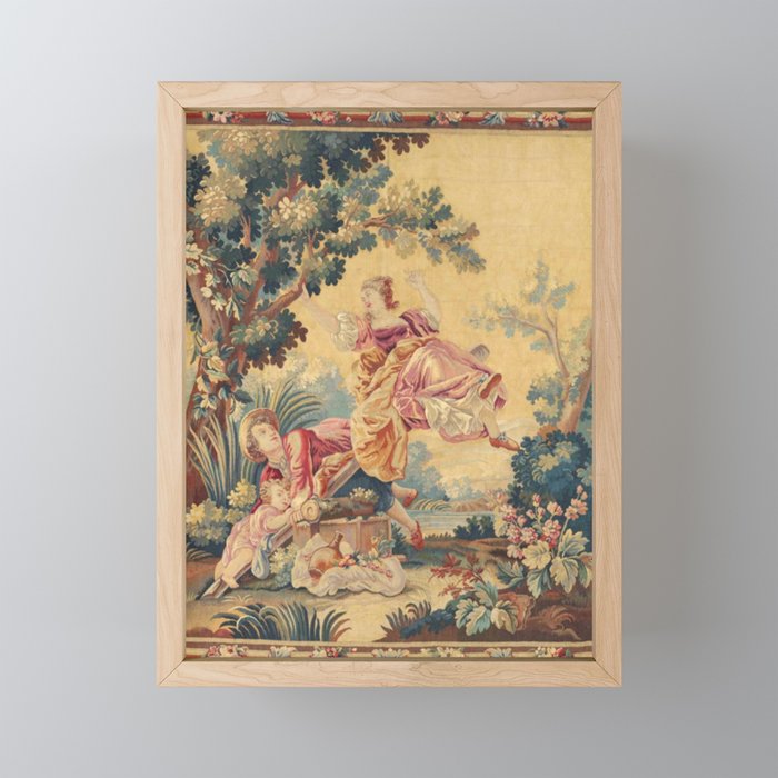 Antique 19th Century Girl On The Swing French Aubusson Tapestry Mini Art Print Gallery Image 1