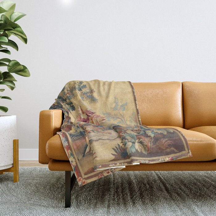 Antique 19th Century Girl On The Swing French Aubusson Tapestry Throw Blanket Gallery Image 1