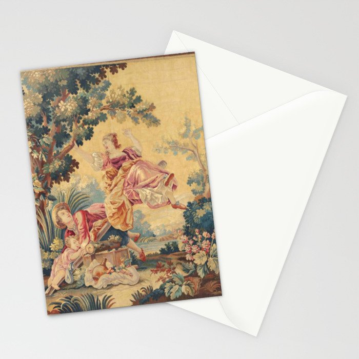 Antique 19th Century Girl On The Swing French Aubusson Tapestry Stationery Card Gallery Image 2