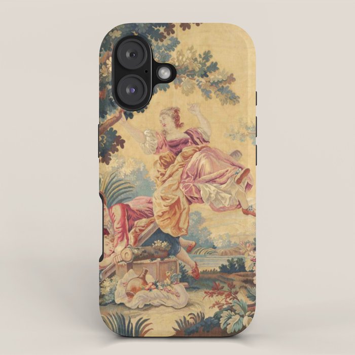 Antique 19th Century Girl On The Swing French Aubusson Tapestry iPhone Case Gallery Image 1