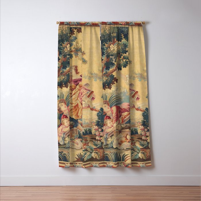 Antique 19th Century Girl On The Swing French Aubusson Tapestry Window Curtain Gallery Image 3