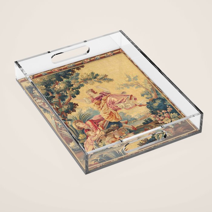 Antique 19th Century Girl On The Swing French Aubusson Tapestry Acrylic Tray Gallery Image 1