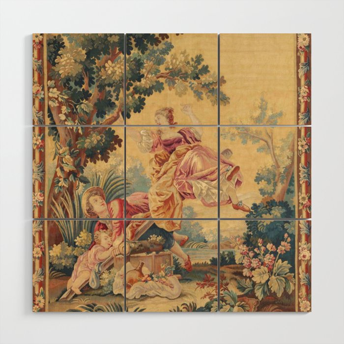 Antique 19th Century Girl On The Swing French Aubusson Tapestry Wood Wall Art Gallery Image 1