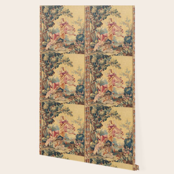 Antique 19th Century Girl On The Swing French Aubusson Tapestry Wallpaper Gallery Image 2