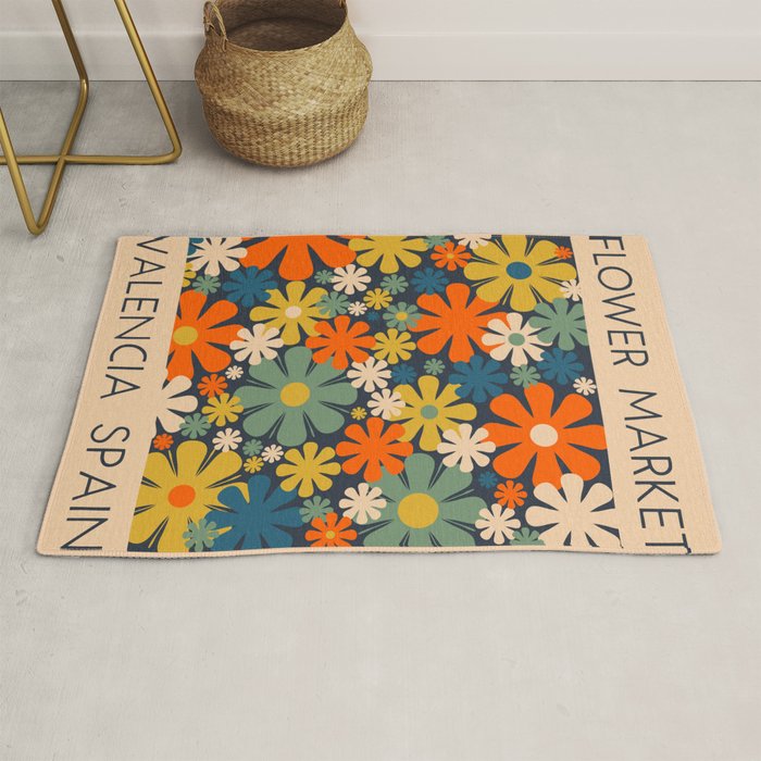 Flower Market Valencia Spain Retro Minimal Floral Blue Orange Mustard Rug Gallery Image 1