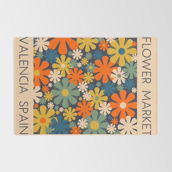 Flower Market Valencia Spain Retro Minimal Floral Blue Orange Mustard Rug Gallery Image 2