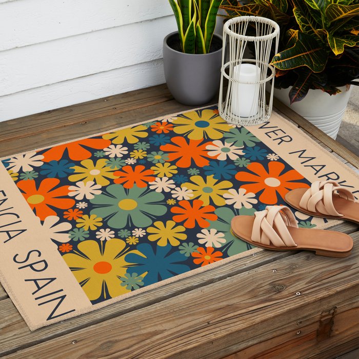 Flower Market Valencia Spain Retro Minimal Floral Blue Orange Mustard Outdoor Rug Gallery Image 2