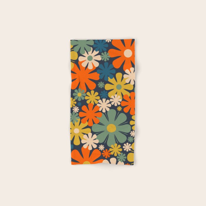 Flower Market Valencia Spain Retro Minimal Floral Blue Orange Mustard Bath Towel Gallery Image 1