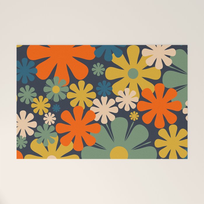 Flower Market Valencia Spain Retro Minimal Floral Blue Orange Mustard Welcome Mat Gallery Image 1