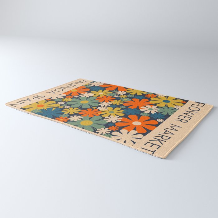 Flower Market Valencia Spain Retro Minimal Floral Blue Orange Mustard Rug Gallery Image 3