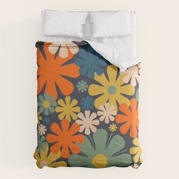 Flower Market Valencia Spain Retro Minimal Floral Blue Orange Mustard Comforter Gallery Image 6