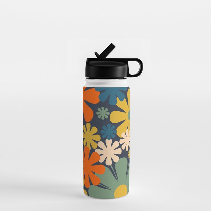 Flower Market Valencia Spain Retro Minimal Floral Blue Orange Mustard Water Bottle Gallery Image 1