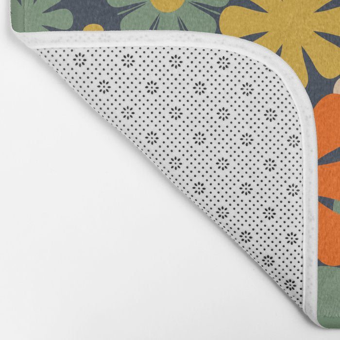 Flower Market Valencia Spain Retro Minimal Floral Blue Orange Mustard Bath Mat Gallery Image 2