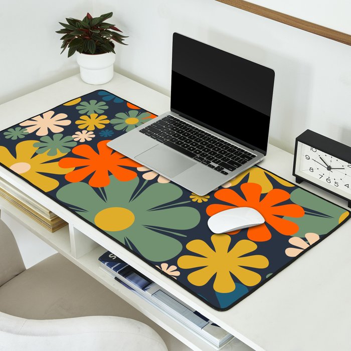 Flower Market Valencia Spain Retro Minimal Floral Blue Orange Mustard Desk Mat Gallery Image 2