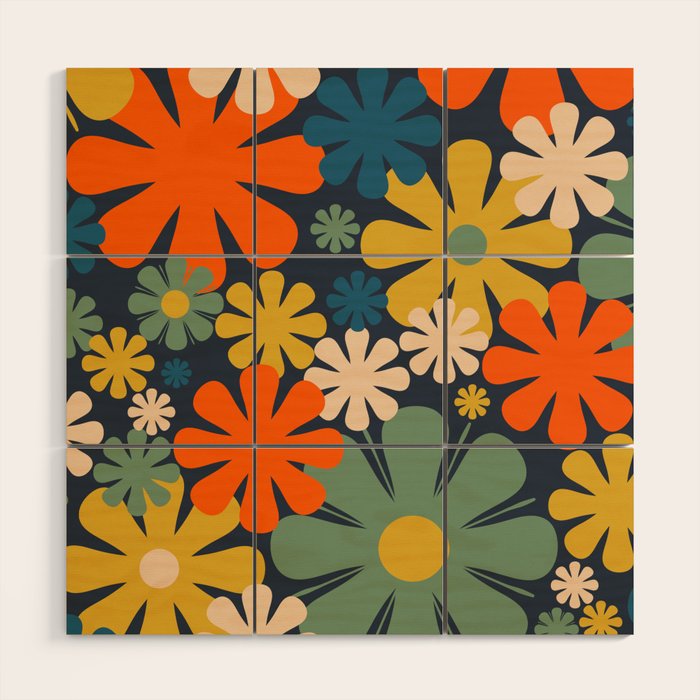 Flower Market Valencia Spain Retro Minimal Floral Blue Orange Mustard Wood Wall Art Gallery Image 1