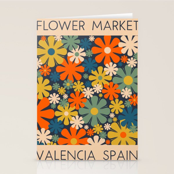 Flower Market Valencia Spain Retro Minimal Floral Blue Orange Mustard Stationery Card Gallery Image 2